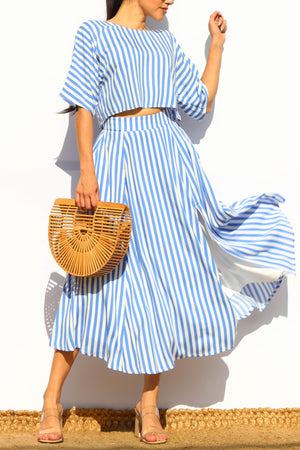 DD7868, STRIPED LOOSE FIT TOP AND FLARED MIDI SKIRT SET
