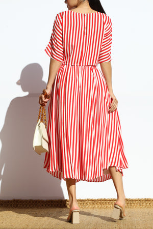 DD7868, STRIPED LOOSE FIT TOP AND FLARED MIDI SKIRT SET