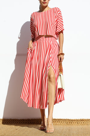 DD7868, STRIPED LOOSE FIT TOP AND FLARED MIDI SKIRT SET