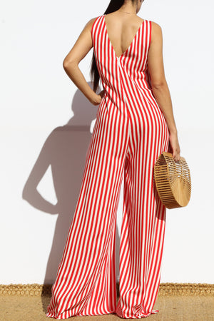 DD7876, STRIPED LOOSE FIT FLARE-LEG JUMPSUIT