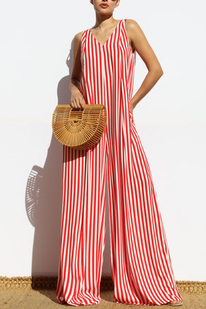 DD7876, STRIPED LOOSE FIT FLARE-LEG JUMPSUIT