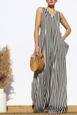DD7876, STRIPED LOOSE FIT FLARE-LEG JUMPSUIT
