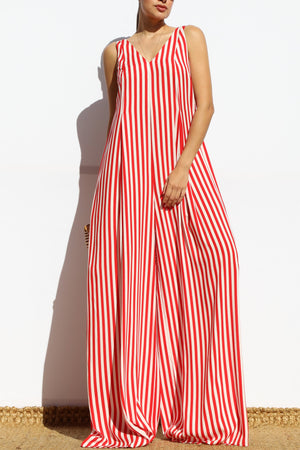 DD7876, STRIPED LOOSE FIT FLARE-LEG JUMPSUIT