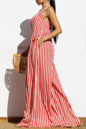 DD7876, STRIPED LOOSE FIT FLARE-LEG JUMPSUIT