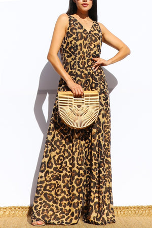 DD7901, LEOPARD LOOSE FIT FLARE-LEG JUMPSUIT