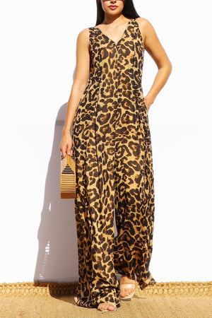 DD7901, LEOPARD LOOSE FIT FLARE-LEG JUMPSUIT