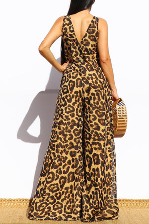 DD7901, LEOPARD LOOSE FIT FLARE-LEG JUMPSUIT