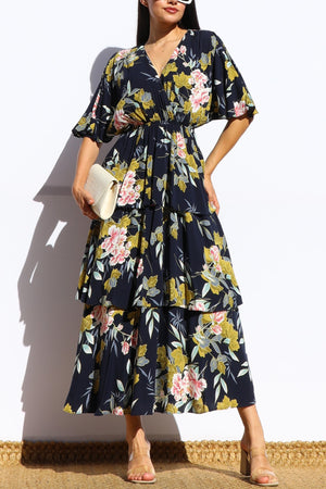 DD8460, FLORAL V NECK TIERED MIDI DRESS