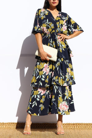 DD8460, FLORAL V NECK TIERED MIDI DRESS