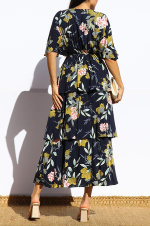 DD8460, FLORAL V NECK TIERED MIDI DRESS