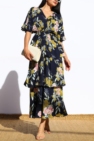 DD8460, FLORAL V NECK TIERED MIDI DRESS