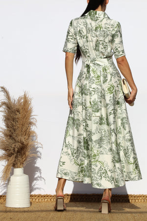 DD7883, PRINTED BUTTON DOWN FLARED MIDI DRESS