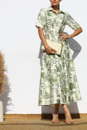 DD7883, PRINTED BUTTON DOWN FLARED MIDI DRESS