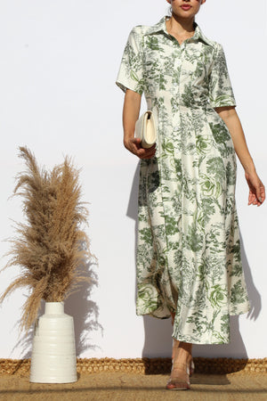 DD7883, PRINTED BUTTON DOWN FLARED MIDI DRESS