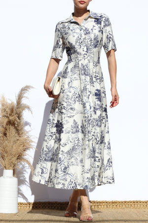 DD7883, PRINTED BUTTON DOWN FLARED MIDI DRESS