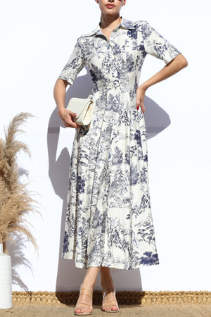 DD7883, PRINTED BUTTON DOWN FLARED MIDI DRESS