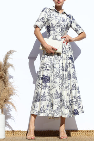 DD7883, PRINTED BUTTON DOWN FLARED MIDI DRESS