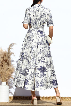 DD7883, PRINTED BUTTON DOWN FLARED MIDI DRESS