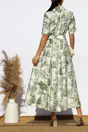 DD7883, PRINTED BUTTON DOWN FLARED MIDI DRESS
