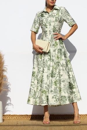 DD7883, PRINTED BUTTON DOWN FLARED MIDI DRESS