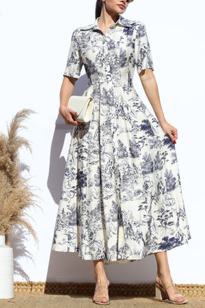 DD7883, PRINTED BUTTON DOWN FLARED MIDI DRESS