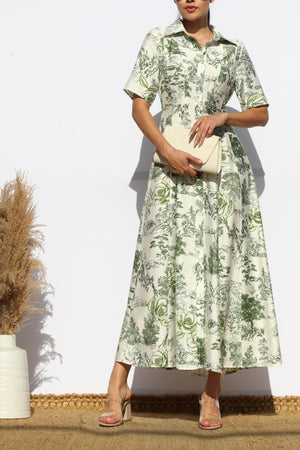 DD7883, PRINTED BUTTON DOWN FLARED MIDI DRESS