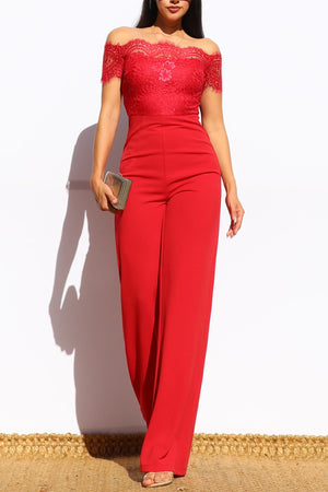 DD7979, LACE OFF SHOULDER KNIT JUMPSUIT