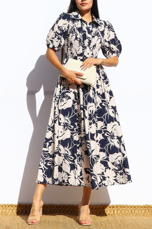 DD7916, FLORAL SMOCKED TOP MIDI DRESS