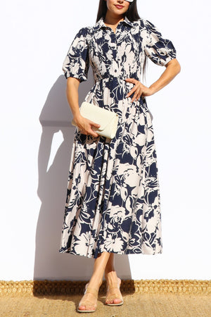DD7916, FLORAL SMOCKED TOP MIDI DRESS