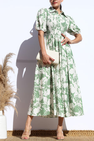 DD7916, FLORAL SMOCKED TOP MIDI DRESS