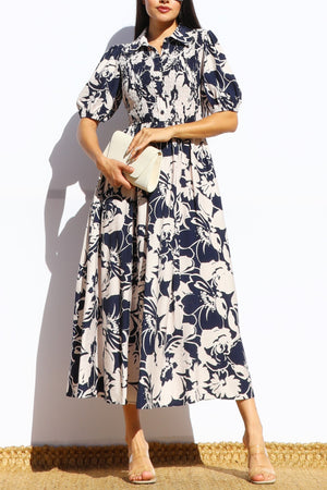 DD7916, FLORAL SMOCKED TOP MIDI DRESS