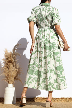 DD7916, FLORAL SMOCKED TOP MIDI DRESS