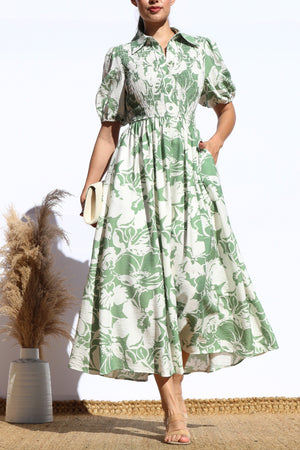 DD7916, FLORAL SMOCKED TOP MIDI DRESS