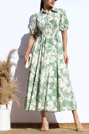 DD7916, FLORAL SMOCKED TOP MIDI DRESS