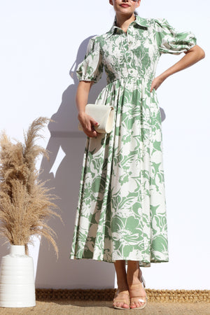 DD7916, FLORAL SMOCKED TOP MIDI DRESS