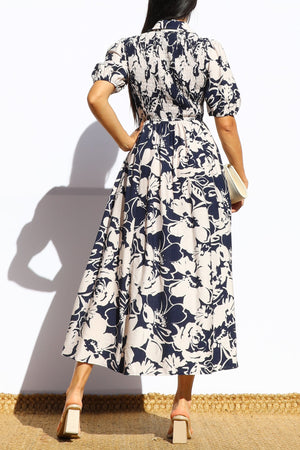 DD7916, FLORAL SMOCKED TOP MIDI DRESS