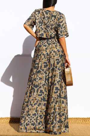 DD7865, PRINTED LOOSE FIT TOP AND FLARE-LEG PANTS SET