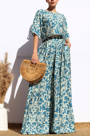 DD7865, PRINTED LOOSE FIT TOP AND FLARE-LEG PANTS SET