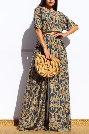 DD7865, PRINTED LOOSE FIT TOP AND FLARE-LEG PANTS SET