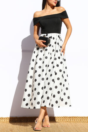DD7972, POLKA DOT OFF SHOULDER MIDI DRESS