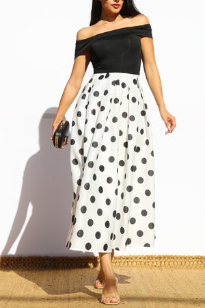 DD7972, POLKA DOT OFF SHOULDER MIDI DRESS