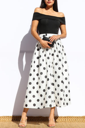 DD7972, POLKA DOT OFF SHOULDER MIDI DRESS