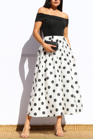 DD7972, POLKA DOT OFF SHOULDER MIDI DRESS