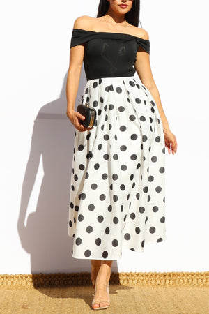 DD7972, POLKA DOT OFF SHOULDER MIDI DRESS