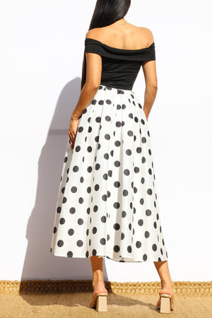 DD7972, POLKA DOT OFF SHOULDER MIDI DRESS