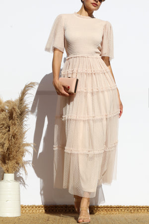 DD7801, SMOCKED TOP MESH MIDI DRESS