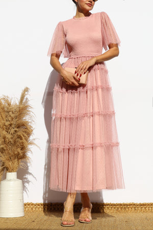 DD7801, SMOCKED TOP MESH MIDI DRESS