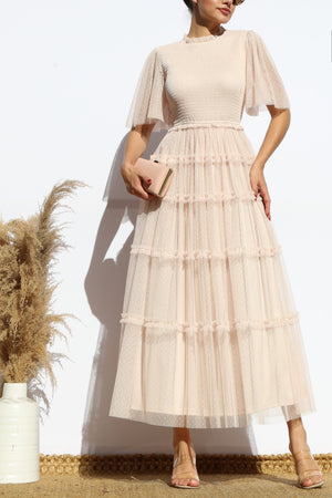 DD7801, SMOCKED TOP MESH MIDI DRESS