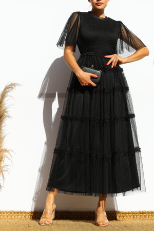 DD7801, SMOCKED TOP MESH MIDI DRESS