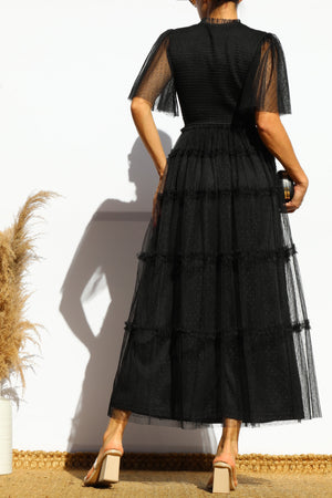 DD7801, SMOCKED TOP MESH MIDI DRESS